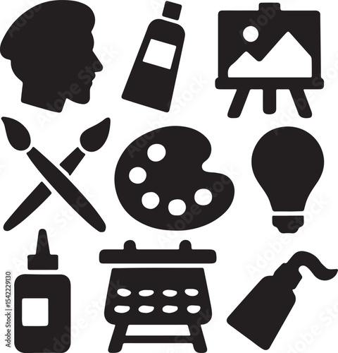 Art and painting icon set. Containing artist head silhouette, easel, paint palette with color blobs, and paintbrush symbols. Creative expression and fine arts silhouettes. Solid icon collection.