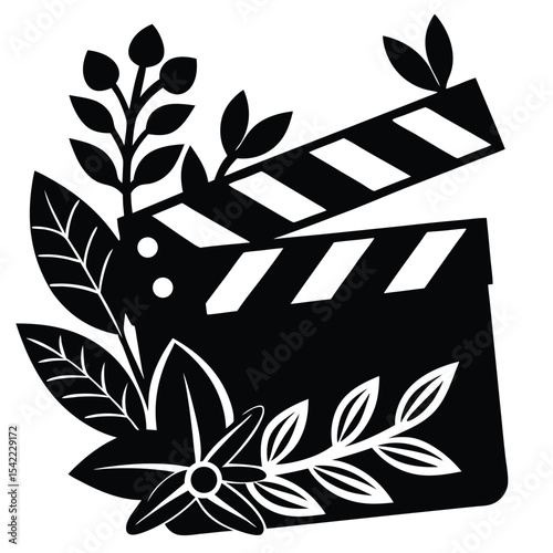 Clapperboard with various floral decoration silhouette black vector art design