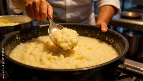 Chef stirring creamy tapioca pearls in vibrant kitchen, culinary artistry