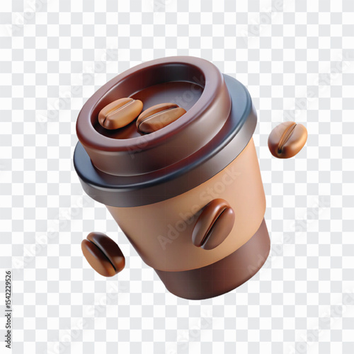 3D Portable Coffee Cup with Lid and Floating Coffee Beans PNG | To-Go Beverage, Café Drink Illustration