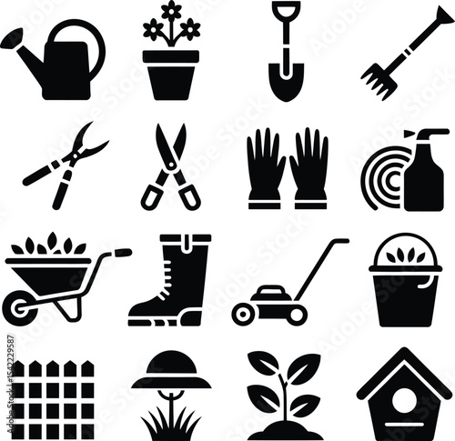 Gardening tools and equipment icon set
