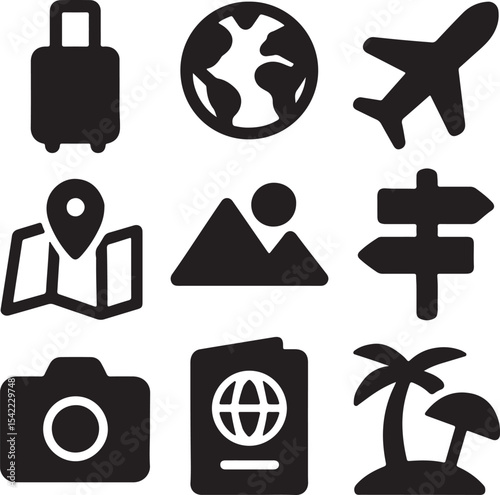 Travel and navigation icon set. Containing suitcase, airplane, globe, and location map symbols. Tourism, vacation, and global mobility silhouettes. Solid icon collection.