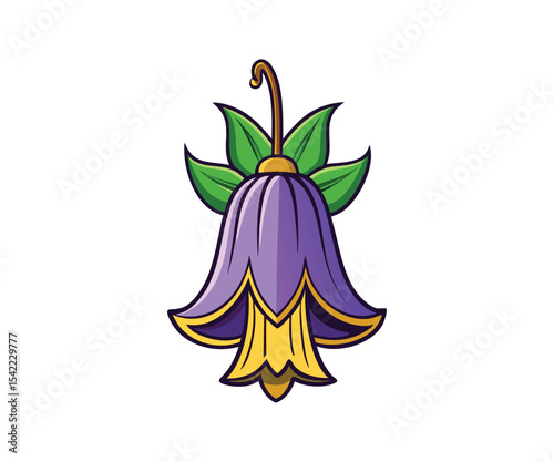 Detailed Illustration of a Purple Bellflower with Golden Accents on a White Backdrop: Botanical Art, Floral Design, and Nature-Inspired Graphics