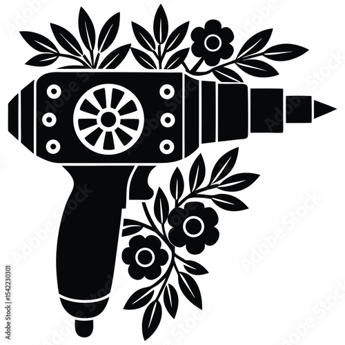 Drill machine with various floral decoration silhouette black vector art design