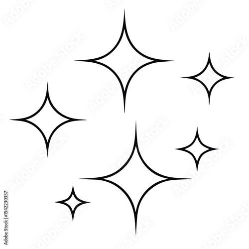 Sparkle elements black outline illustration graphic on a white background with transparency
