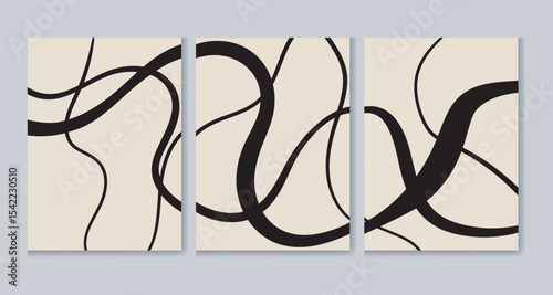  A contemporary triptych featuring abstract black line art on a beige background. The design incorporates swirling lines and circular motifs, creating a visually engaging and modern piece of art.