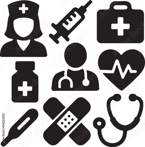 Medical and healthcare icon set. Containing syringe, nurse, heart with ECG, stethoscope, medicine bottle, and doctor symbols. Hospital and health service silhouettes. Solid icon collection.