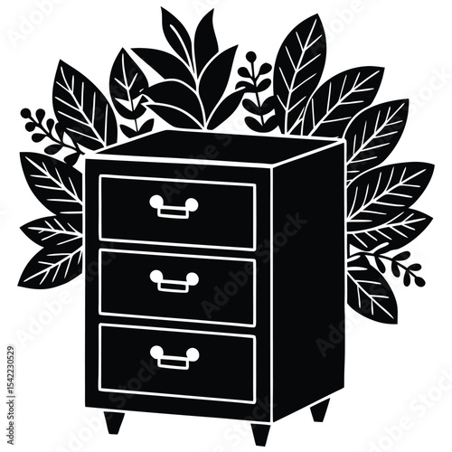 File cabinet with various floral decoration silhouette black vector art design