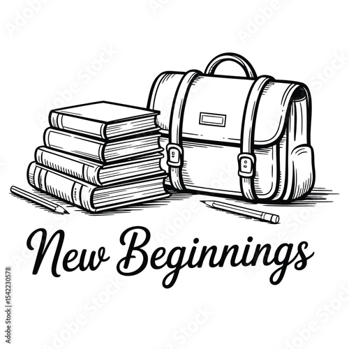Line art of books, pencils, and schoolbag in a back to school theme design black and white