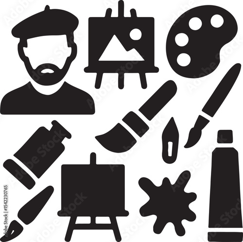 Art and painting icon set. Containing artist head silhouette, easel, paint palette with color blobs, and paintbrush symbols. Creative expression and fine arts silhouettes. Solid icon collection.