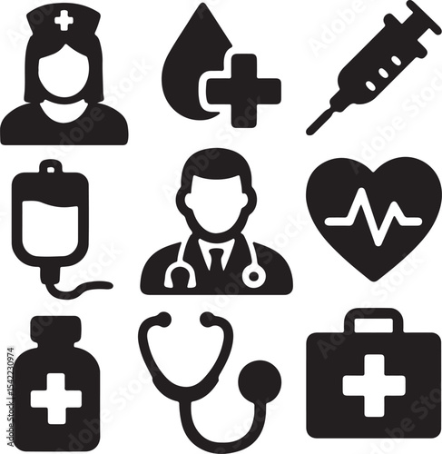 Medical and healthcare icon set. Containing syringe, nurse, heart with ECG, stethoscope, medicine bottle, and doctor symbols. Hospital and health service silhouettes. Solid icon collection.