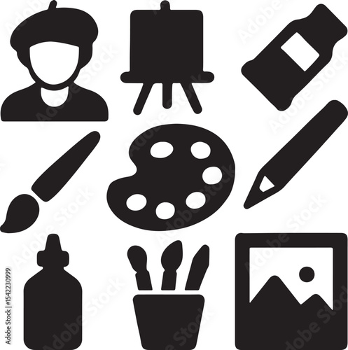 Art and painting icon set. Containing artist head silhouette, easel, paint palette with color blobs, and paintbrush symbols. Creative expression and fine arts silhouettes. Solid icon collection.