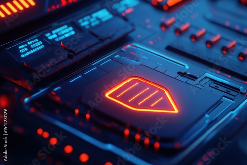 A computer chip with a glowing orange center. Ber security concept with glowing shield password field and checkboxes on futuristic blue interface.