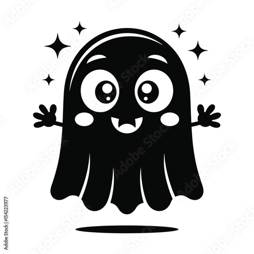 A cute ghost with round eyes and tiny hands floating with a soft smile in black silhouette vector