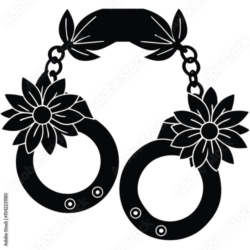 Handcuffs with various floral decoration silhouette black vector art design