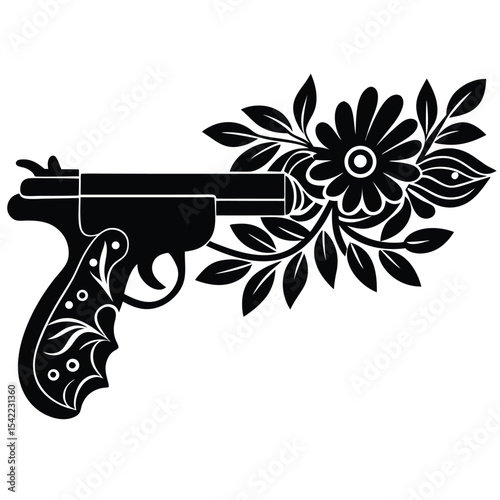 Pistol gun with various floral decoration silhouette black vector art design