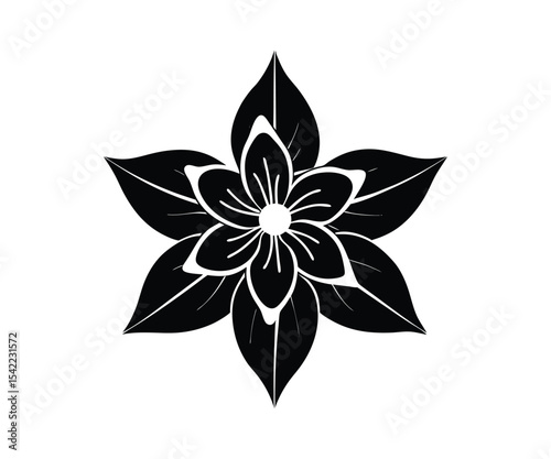 Elegant Black and White Flower Illustration Detailed Floral Design with Six Petals Botanical Art for Print and Digital Media Isolated on White