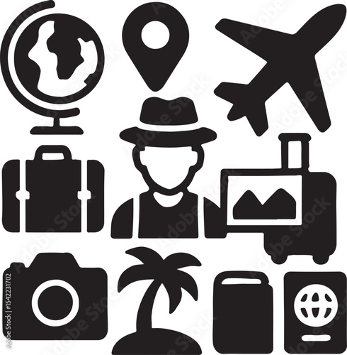 Travel and navigation icon set. Containing suitcase, airplane, globe, and location map symbols. Tourism, vacation, and global mobility silhouettes. Solid icon collection.