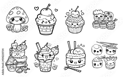 Kawaii mushroom cupcakes ice cream and sushi with cute faces