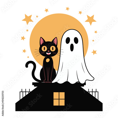 A ghost and black cat sitting together on a rooftop under stars in black silhouette vector