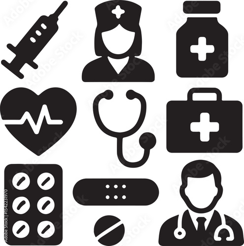 Medical and healthcare icon set. Containing syringe, nurse, heart with ECG, stethoscope, medicine bottle, and doctor symbols. Hospital and health service silhouettes. Solid icon collection.
