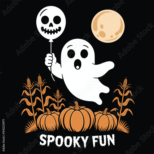 A ghost holding a skull-shaped balloon hovering over pumpkins in black silhouette vector