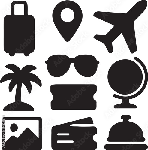 Travel and navigation icon set. Containing suitcase, airplane, globe, and location map symbols. Tourism, vacation, and global mobility silhouettes. Solid icon collection.