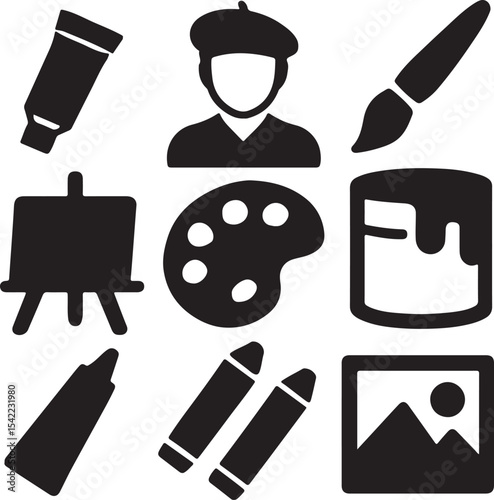 Art and painting icon set. Containing artist head silhouette, easel, paint palette with color blobs, and paintbrush symbols. Creative expression and fine arts silhouettes. Solid icon collection.