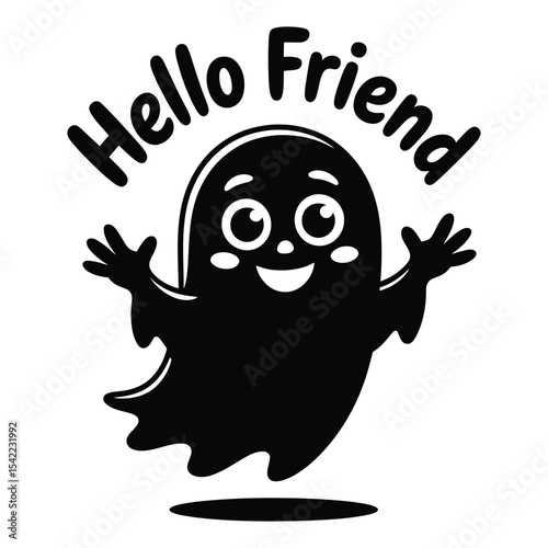 A cute ghost with round eyes and tiny hands floating with a soft smile in black silhouette vector