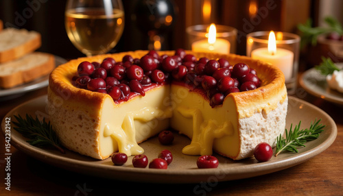 Melted brie with cranberries on elegant table, festive dining experience