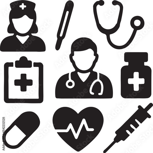 Medical and healthcare icon set. Containing syringe, nurse, heart with ECG, stethoscope, medicine bottle, and doctor symbols. Hospital and health service silhouettes. Solid icon collection.