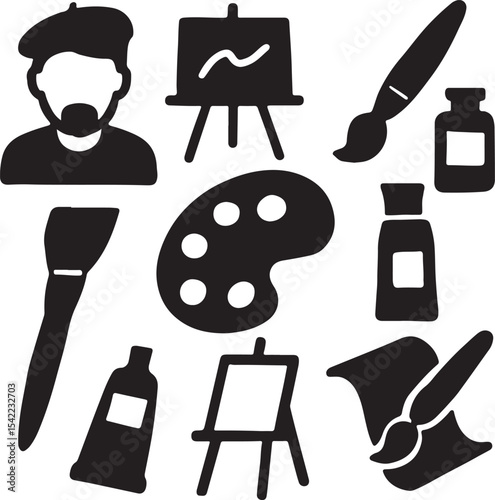 Art and painting icon set. Containing artist head silhouette, easel, paint palette with color blobs, and paintbrush symbols. Creative expression and fine arts silhouettes. Solid icon collection.