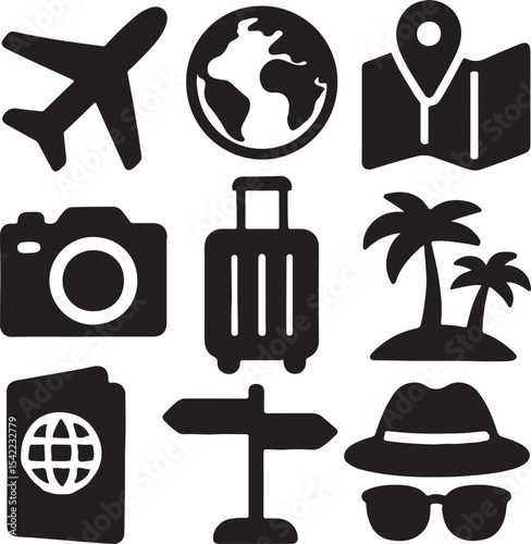 Travel and navigation icon set. Containing suitcase, airplane, globe, and location map symbols. Tourism, vacation, and global mobility silhouettes. Solid icon collection.