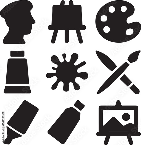Art and painting icon set. Containing artist head silhouette, easel, paint palette with color blobs, and paintbrush symbols. Creative expression and fine arts silhouettes. Solid icon collection.