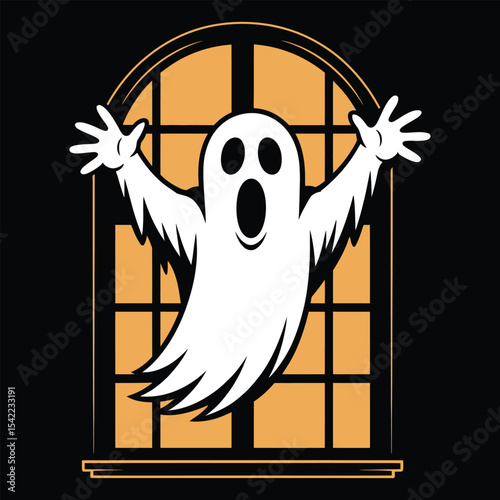 A scary ghost with stretched arms flying out of a haunted house window in black silhouette vector