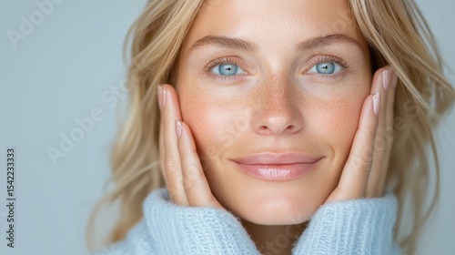 Natural beauty: close-up of smiling woman with radiant skin and blue eyes