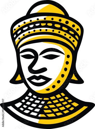 Bold graphic illustration of a stylized African tribal mask or deity head.
