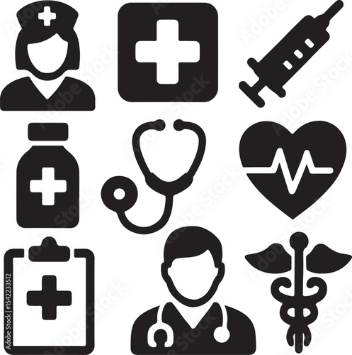 Medical and healthcare icon set. Containing syringe, nurse, heart with ECG, stethoscope, medicine bottle, and doctor symbols. Hospital and health service silhouettes. Solid icon collection.