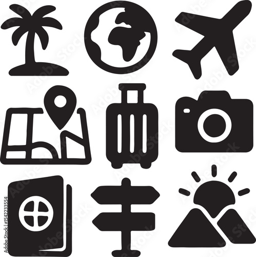 Travel and navigation icon set. Containing suitcase, airplane, globe, and location map symbols. Tourism, vacation, and global mobility silhouettes. Solid icon collection.