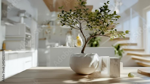 Interior kitchen scene with potted plant and fruit