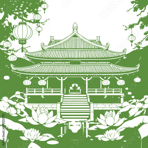 Traditional asian temple with lotus and lanterns design concept vector illustration.