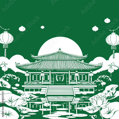 Traditional asian temple with lotus and lanterns design concept vector illustration.