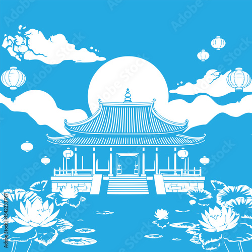 Traditional asian temple with lotus and lanterns design concept vector illustration.