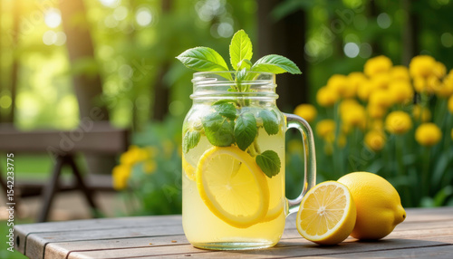 Refreshing basil lemonade in mason jar, sunny picnic setting