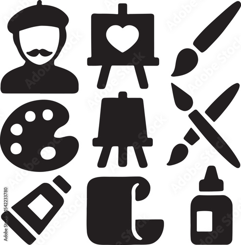 Art and painting icon set. Containing artist head silhouette, easel, paint palette with color blobs, and paintbrush symbols. Creative expression and fine arts silhouettes. Solid icon collection.