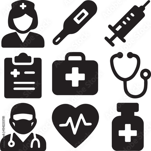Medical and healthcare icon set. Containing syringe, nurse, heart with ECG, stethoscope, medicine bottle, and doctor symbols. Hospital and health service silhouettes. Solid icon collection.