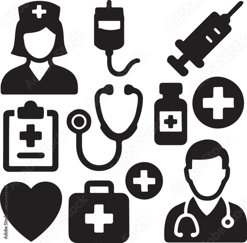 Medical and healthcare icon set. Containing syringe, nurse, heart with ECG, stethoscope, medicine bottle, and doctor symbols. Hospital and health service silhouettes. Solid icon collection.