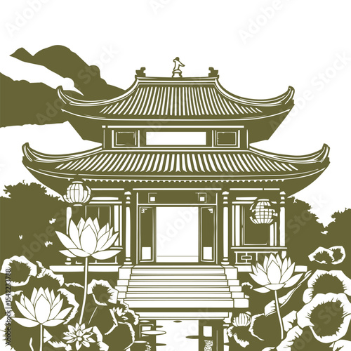 Traditional asian temple with lotus and lanterns design concept vector illustration.