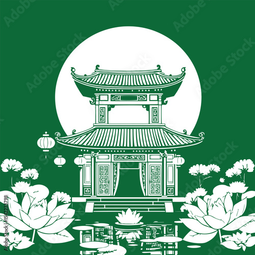 Traditional asian temple with lotus and lanterns design concept vector illustration.