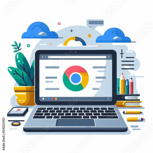 Laptop display with multicolored circle graphic surrounded by office supplies and decorative plant